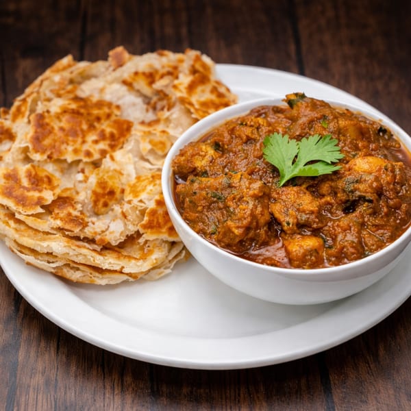 A white plate holds a bowl of chicken curry with cilantro and a stack of flaky paratha bread.