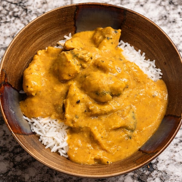 A rustic brown bowl filled with white rice and rich orange butter chicken curry.