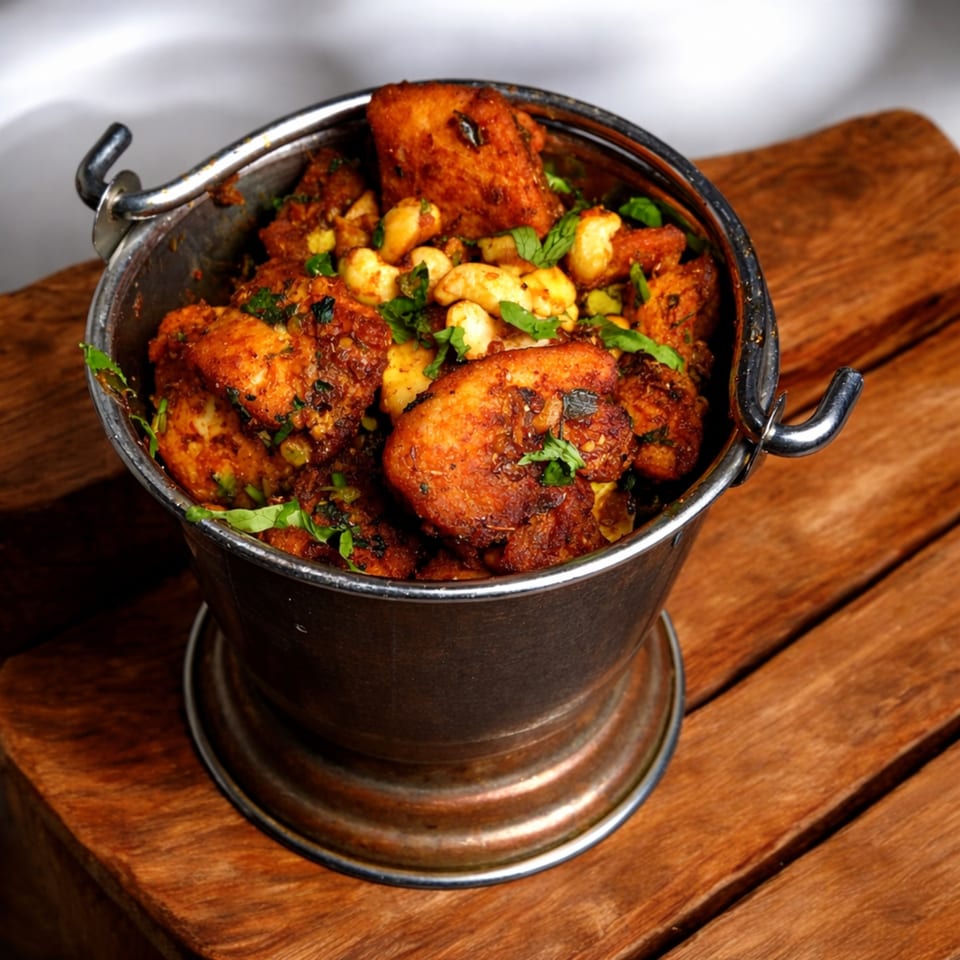 Spicy chicken pieces with cashews and herbs in a metal bucket on a wooden table.
