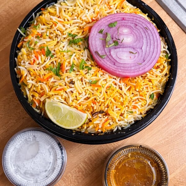 Biryani rice with a red onion slice, lime wedge, and two sauce containers on a wooden table.