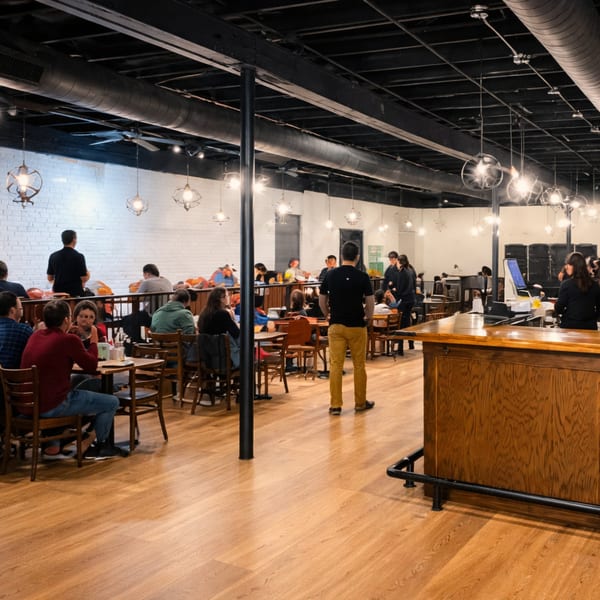 A bustling restaurant interior with customers dining at tables and a wooden bar counter.