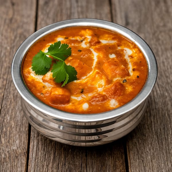 A metal bowl filled with orange paneer butter masala, garnished with fresh cilantro, on a wooden surface.