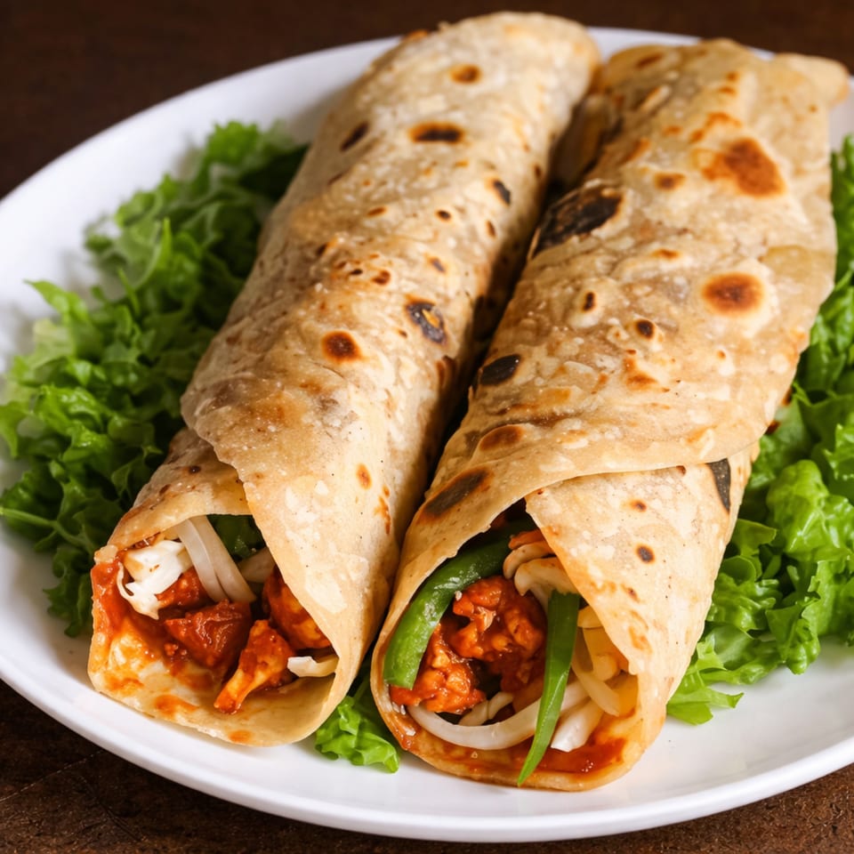 Two chicken tikka rolls with onions and green peppers on a bed of lettuce.