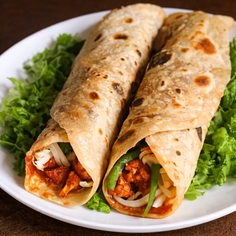 Two chicken tikka rolls with onions and green peppers on a bed of lettuce.