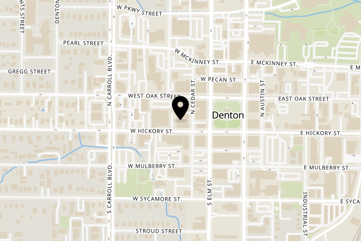 Map showing the location of Namaste Denton on 222 W Hickory St #103 in Denton